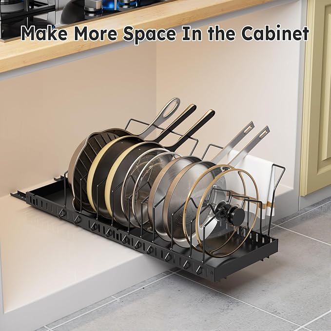 DTUQYX Pull-out Pots and Pans Organizer Under Cabinet - 1 Pack Expandable Pot and Pan Organizer Rack with 10 Adjustable Dividers for Pot, Cutting Board, Dishes, Lid, Baking Tray