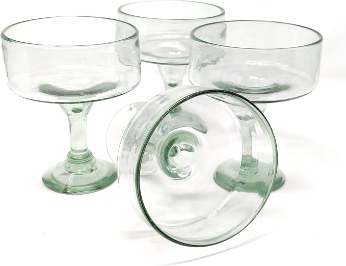 Dos Sueños Mexican Hand Blown Glass – Set of 4 Natural Clear Hand Blown Margarita Glasses (16 oz)