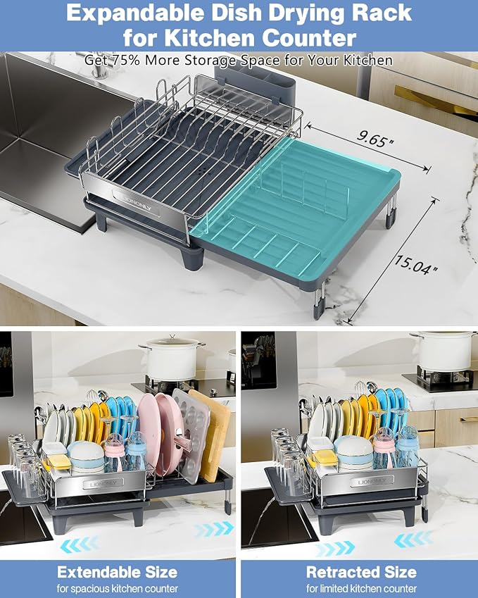 Expandable Dish Drying Rack, Dish Racks for Kitchen Counter, Stainless Steel 304, Flip-Top Retractable Plate, Multi-Directional Adjustable Dish Rack, Space Saving Large Drying Rack Kitchen, Gray