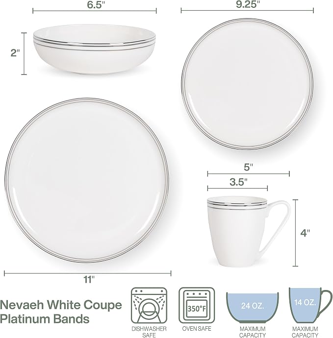 Everyday White by Fitz and Floyd Nevaeh Bone China Coupe Platinum Bands Dinnerware Set, Service for 4
