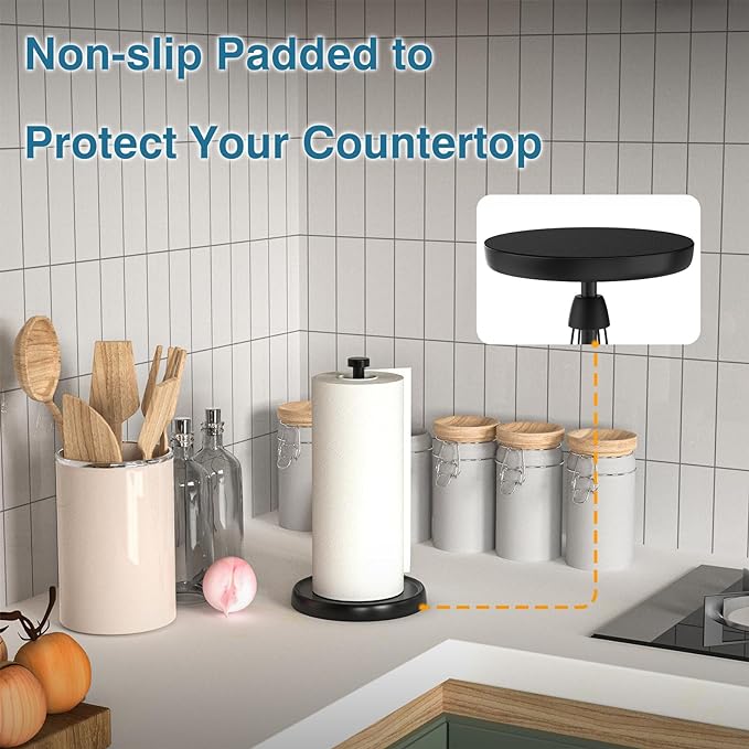 Paper Towel Holder Countertop, One-Handed Tear, Stainless Steel, Weighted Base, Black, Paper Towel Roll Holder Stand with Ratchet Mechanism for Kitchen Bathroom Farmhouse Essentials Decor Accessories