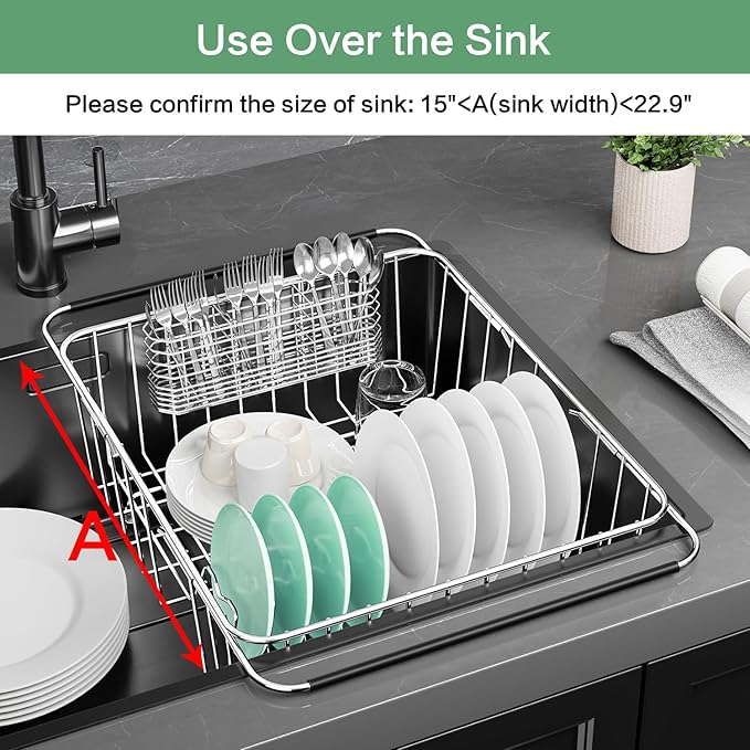 Fanbsy Large Dish Drainer Rack in Sink Adjustable, Expandable 304 Stainless Steel Metal Dish Drying Rack Organizer with Stainless Steel Utensil Holder Over Inside Sink Counter, Rustproof