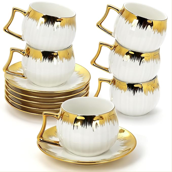 3.5 OZ Espresso Cups with Saucers, Ceramic Coffee Cup Set of 6, Turkish Coffee Cup Set, Coffee Cup Gift for Latte, Double Shot, Cafe Mocha and Tea, Dishwasher & Microwave Safe (Gold Trim-03)