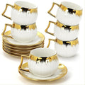 3.5 OZ Espresso Cups with Saucers, Ceramic Coffee Cup Set of 6, Turkish Coffee Cup Set, Coffee Cup Gift for Latte, Double Shot, Cafe Mocha and Tea, Dishwasher & Microwave Safe (Gold Trim-03)