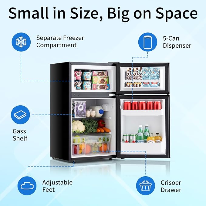 Compact Refrigerator 3.2 Cu.Ft Mini Fridge with Freezer, 7-Temperature Settings Double Door Compact Refrigerator, Adjustable Thermostat & Removable Shelves for Dorm Apartment (2 Door)
