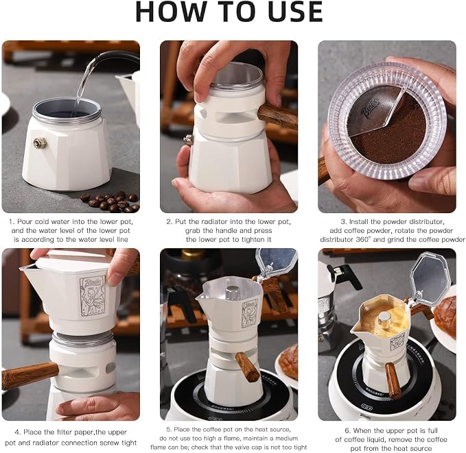 Bincoo 120ML/2 Cups Stovetop Espresso Maker Double Valve Moka Pot with Thermostat Extractor,Italian Espresso Moka Pot with Powder Dispenser and Filter Paper for Home(White)
