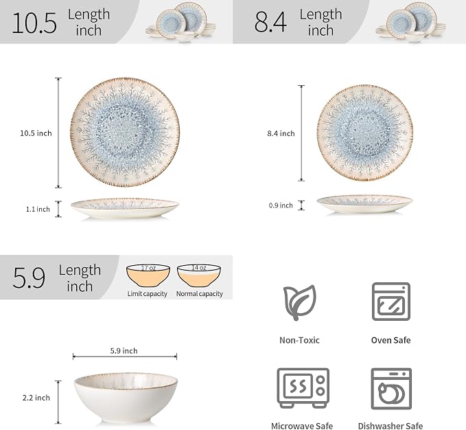DOMICREVERY Ceramic Dinnerware Sets for 4, 12 pcs Scratch Resistant Dish Set, Blue Branch
