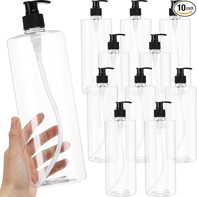 meekoo 10 Pcs Empty Shampoo Bottles with Pumps 32 oz / 1 Liter Bulk Refillable Plastic Dispenser Shampoo and Conditioner Bottles with Black Caps Leakproof for Lotion Massage Oil Body Wash