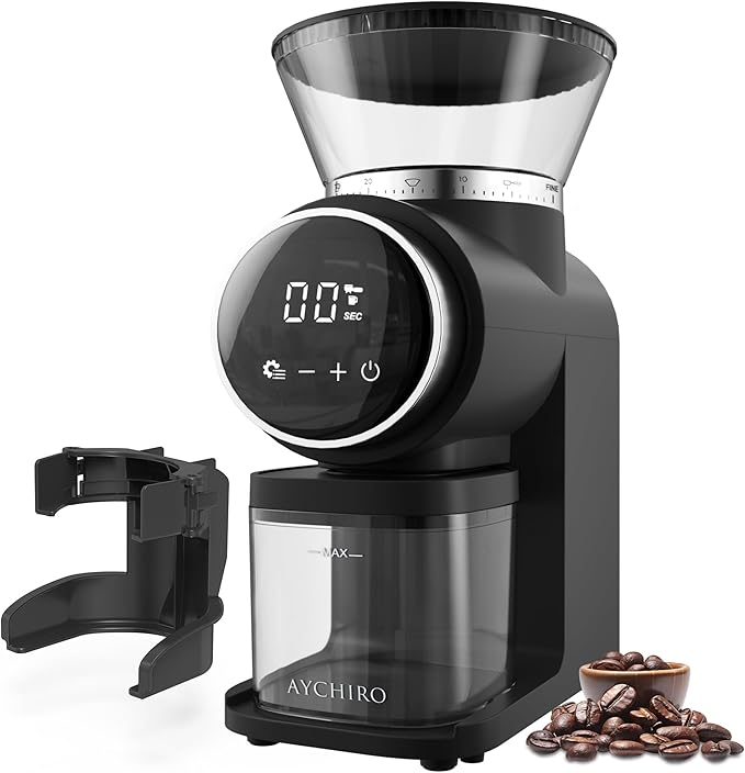 AYCHIRO Electric Conical Burr Coffee Grinder, Touchscreen Coffee Grinder for Home Use, Compact Burr Mill Grinder with 30 Grind Settings, Detachable Hopper & Coffee Container, Black