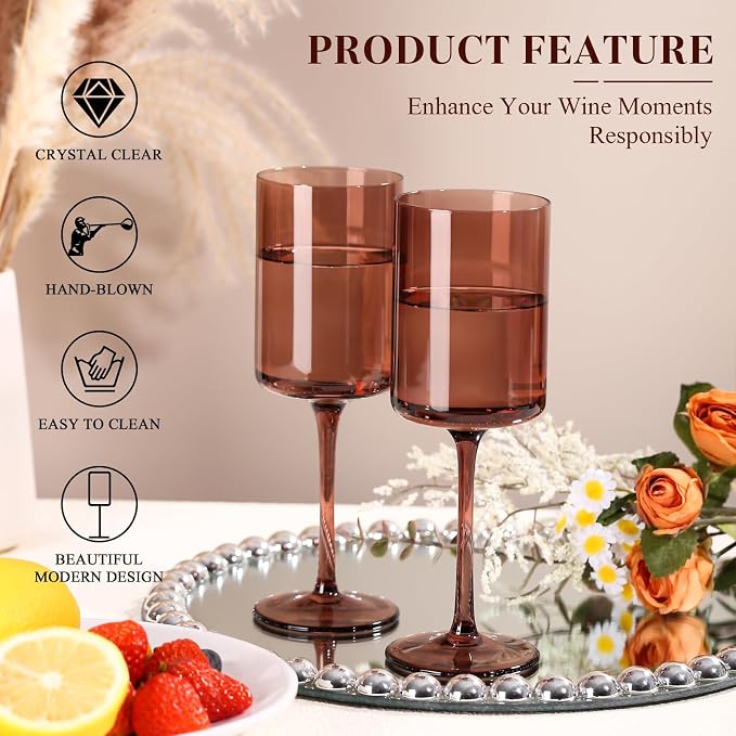 Brown Colored Square Wine Glasses Set of 6, 14oz【Hand Blown】 Amber Crystal Venus Wine Glasses with Long Stem - Melanin Wine Glasse Gifts for Christmas Home Dinner Party