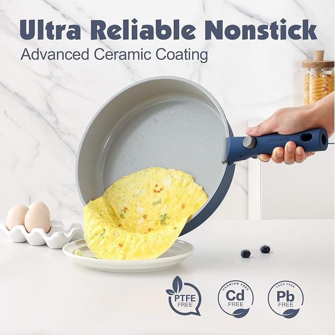 SENSARTE 24 Piece Ceramic Pots and Pans Set, Nonstick Detachable Handle Cookware, Induction Kitchen Cookware Set with Removable Handle, Healthy Non Stick for RV, Dishwasher＆Oven Safe, PFOA Free (Navy)