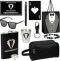 11 Pcs Groomsmen Proposal Gifts - Groomsmen Gift Boxes with Leather Bag，Tuxedo Flask, Funnel，Shot Glasse，Poker Card Bottle Openers, Sunglasses, Bracelet, Card, Pen & Gift Bags for Wedding Party（Black）