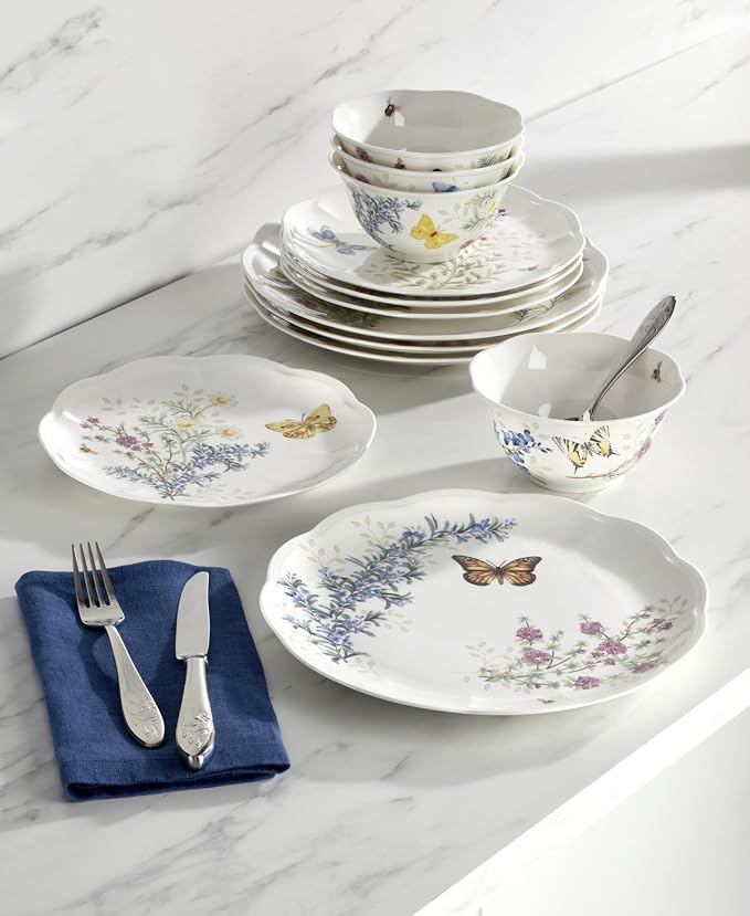 Lenox Porcelain Dinnerware Sets For 4, Butterfly Meadow Herbs 12-Piece Dinnerware Set, Service For 4, Microwave Safe Plates, White Dinner Plates and Bowls Sets, Dishes, Kitchen and Dining (12 Piece)