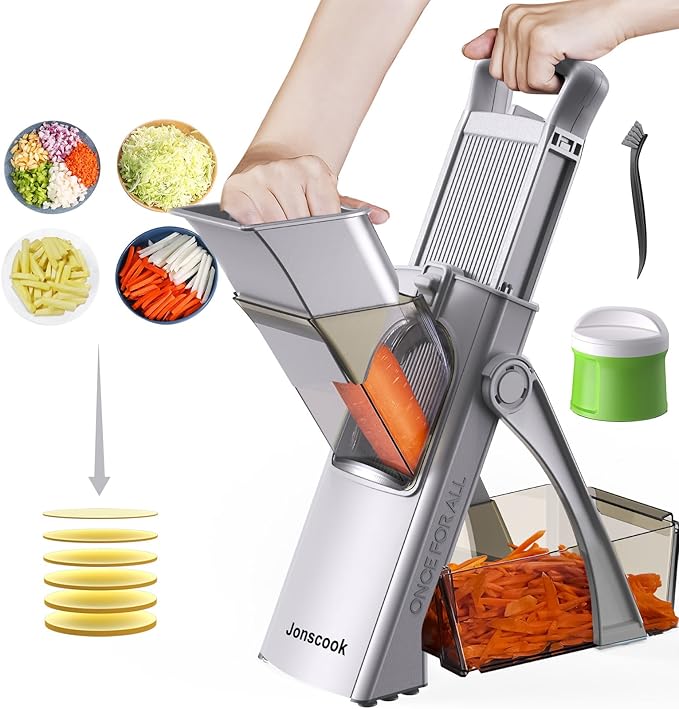 Jonscook All-in-1 Upgraded Safe Mandoline Slicer for Kitchen, with Handheld Spiralizer, Food Chopper with Container, Thickness Adjustable Vegetable Chopper, Potato French Fry Cutter (High-grade Gray)