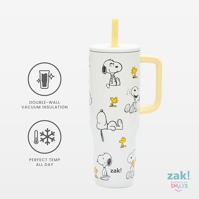 Zak Designs Peanuts Sutton Travel Tumbler for On the Go, 30oz Stainless Steel with Vacuum Insulation, Silicone Straw, and Carry Handle for Cold Drinks, BPA Free (Snoopy & Woodstock)