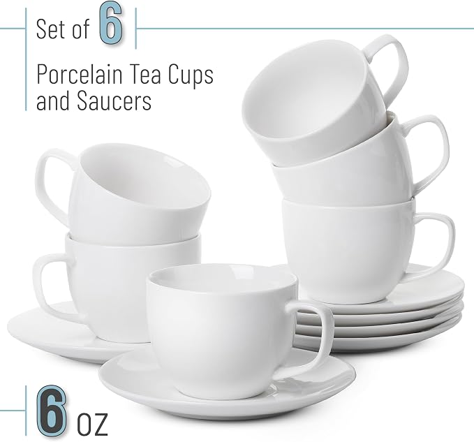 BTaT- Cappuccino Cups with Saucers 6 oz, Set of 6, White Porcelain Coffee Cup and Saucer Set for Latte, Mocha, Tea, Au Lait, Flat White, Dishwasher, Microwave, Freezer and Oven Safe