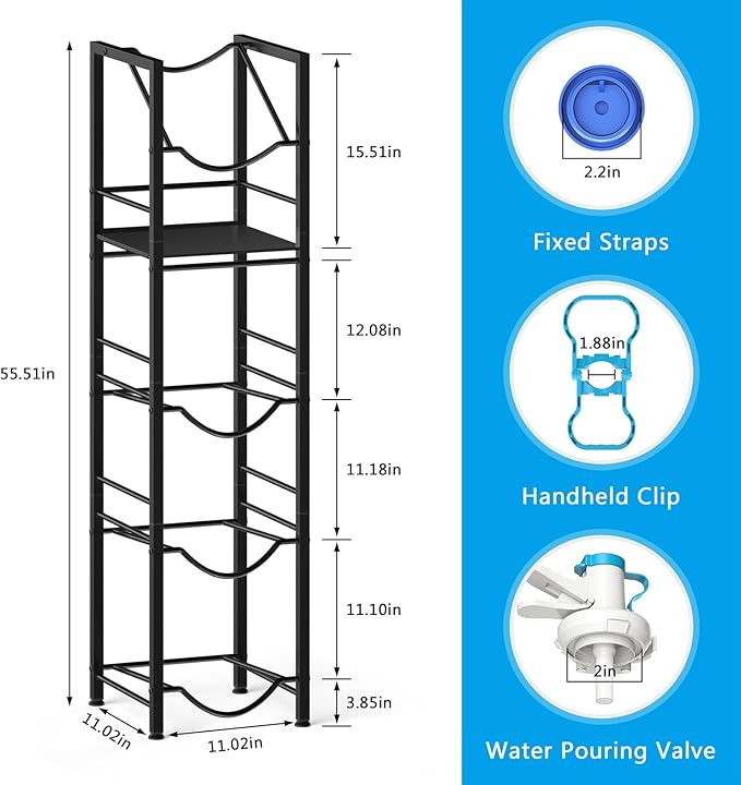 Eocnrhe 2-In-1 5 Gallon Water Jug Holder, 5 Tier Water Jug Stand Holder with 1 Dispenser Valves, 5 Gal Water Bottle Storage Rack Organizer for Kitchen, Office, Garage