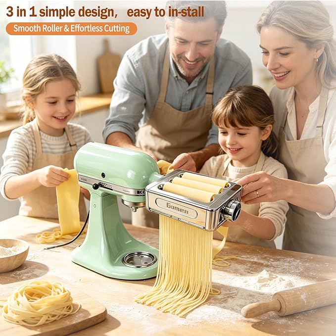 All Metal 3 In 1 Pasta Attachment for Kitchenaid Stand Mixer, Heavy Duty Pasta Maker Machine with Roller & Cutter Set, Noodle Accessories for Fresh Homemade Pasta, Spaghetti & Fettuccine