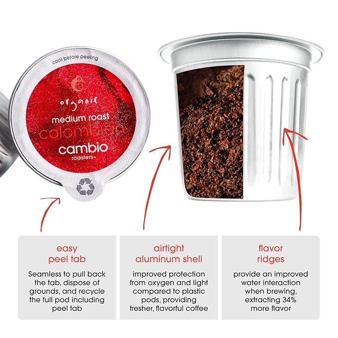Cambio Roasters Colombian Medium Roast Organic Coffee Pods - The Only Organic Recyclable Aluminum Coffee Pods, Small Batch Roasted, Keurig® Compatible, Bold Flavor & Longer Lasting Freshness, 60 Count