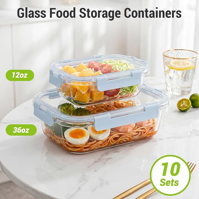 Dealusy 10 Sets (20-Piece) 36 oz & 12 oz Glass Food Storage Containers with lids, Airtight Leak-proof Glass Meal Prep Containers with Lids, Microwave Oven Freezer Dishwasher Safe, Blue