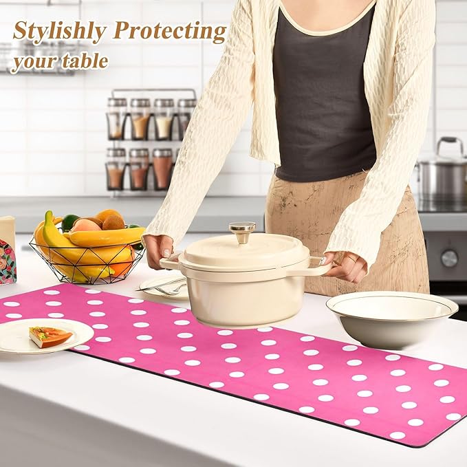 2 in 1 Table Runner Trivet for Hot Pots and Pans Heat Resistant Non Slip Waterproof 39 x 12 Inch Decorative Table Protector for Kitchen Countertop Bright Pink Polka Dots
