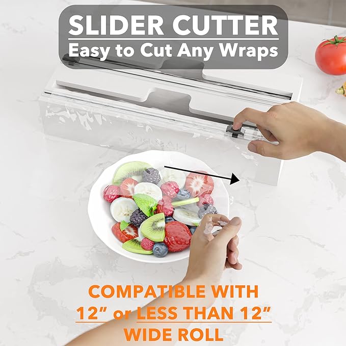 SpaceAid WrapNeat 2 in 1 Wrap Organizer with Cutter and Labels, Plastic Wrap, Aluminum Foil and Wax Bamboo Dispenser for Kitchen Storage Organization Holder for 12" Roll (White)