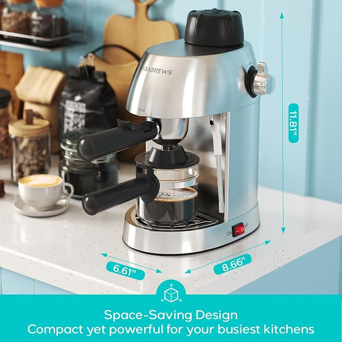 CASABREWS 3.5 Bar 4 Cup Espresso Cappuccino Machine with Milk Frother | Stainless Steel, Milk Frother, Dual Safety Switches, 800W, Compact for Home, Brew Espresso, Latte, Cappuccino, Iced Coffee