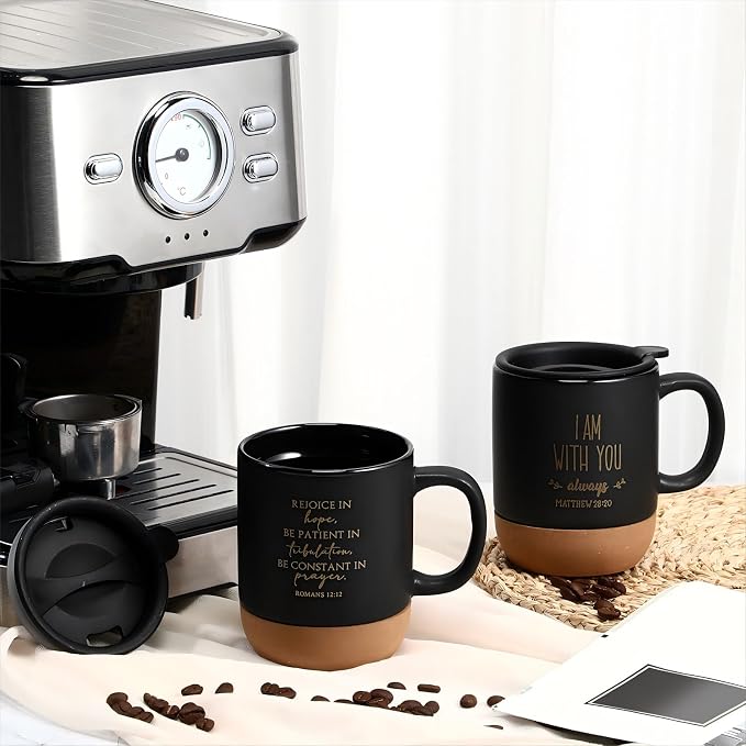 FillTouch 12 Pcs Christian Mug Gifts Bulk 15oz Religious Cup Cork Bottom Coffee Mug with Verse Inspirational Gift for Women Men Pastor Church Group Bible Study Member(Black,Classics)
