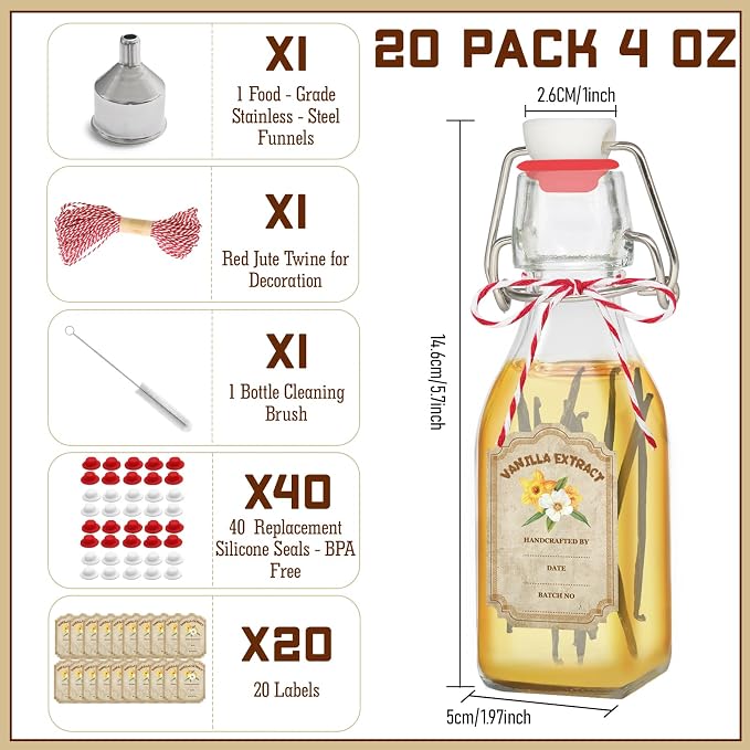 20 Pack Swing Top Glass Vanilla Extract Bottles 4 oz with Lids, Vanilla Labels & Funnel, Boston Square Bottles for Homemade Syrup, DIY Gifts, Flip Top Jars for Extract