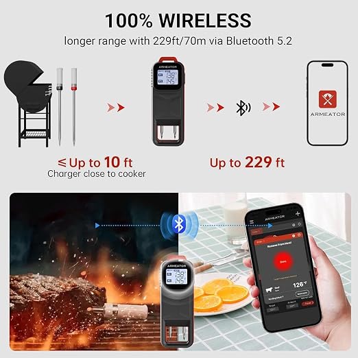 ARMEATOR Meat Thermometer for Grilling, Smoking & Cooking – Dual Probe Wireless Smart BBQ Thermometer with App, Long Range, Rechargeable, Water-Resistant, for Oven, Air Fryer & Outdoor Cooking