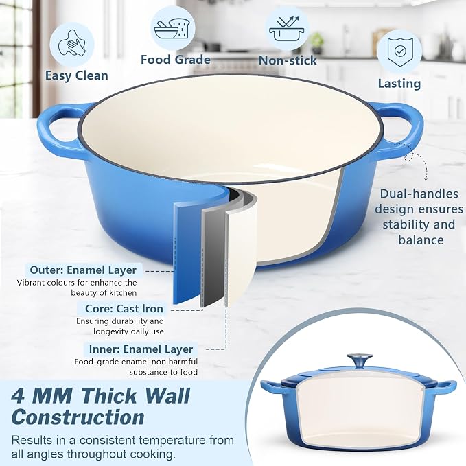 P&P CHEF Oval Dutch Oven with Lid, Enameled Cast Dutch Oven Pot for Bread Baking, Braising, Stewing, Roasting, Non-Stick & Oven Safe, Dual Handles & Easy Clean, 5QT & Blue, Valentine's Day
