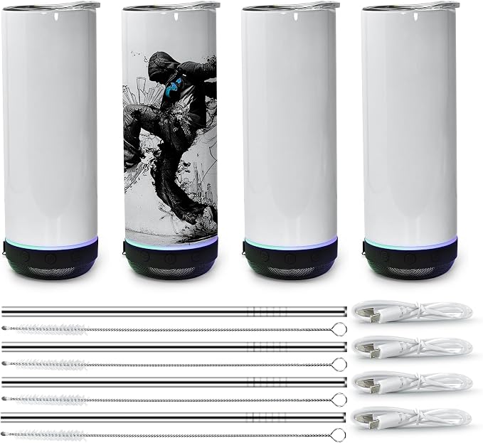 sweet grain Music Speaker Tumbler(4Pack) - Sublimation Tumbler 20 oz Skinny Straight with Speaker, Straw & USB Charging Cable, Sublimation Speaker Cups - Black