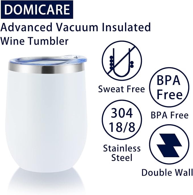 DOMICARE Stainless Steel Wine Tumbler Bulk with Lid, Personalized White Insulated Tumblers Set, 12oz Travel Coffee Cups Pack of 12