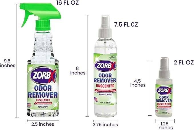ZORBX Unscented Odor Eliminator for Strong Odor - Used in Hospitals & Healthcare Facilities | Advanced Formula, Fast-Acting Odor Remover Spray for Dog, Cat, House & Carpet (16Oz + 7.5Oz + 2Oz + 64 Oz)