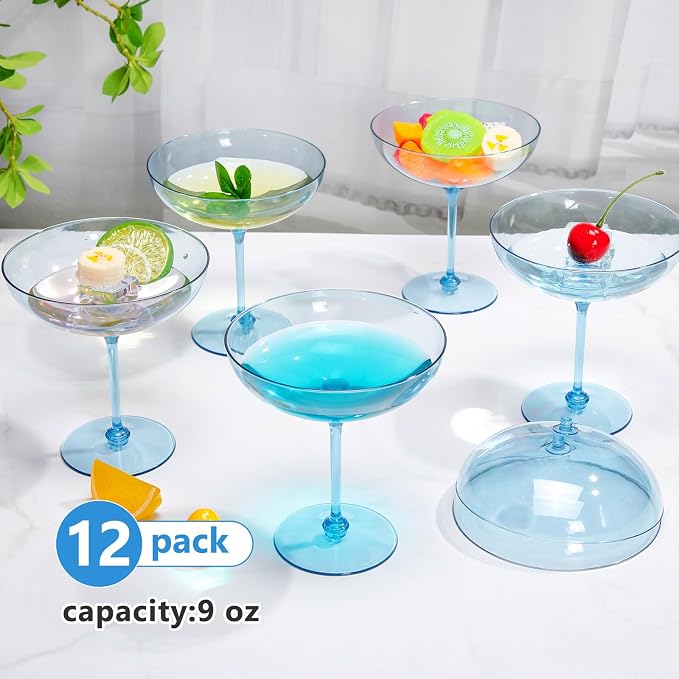LemonRoad 12 Pcs Plastic Coupe Glasses 9 oz Disposable Martini Glasses for Cocktails, Champagne, Desserts and Espresso, Drinkware Set for Weddings, Birthday Parties, Home Bars (Blue)
