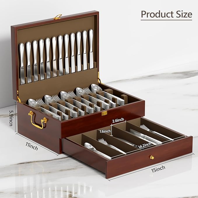 Solid Walnut Silverware Storage Box, 2-Layer Silverware Chest with Drawer, Flatware Case with Lid and Felt Lined, Wood Flatware Storage Box Holds 12-16 Sets of Utensils, Wedding Housewarming Gifts