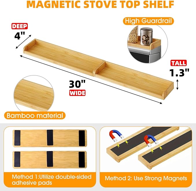 30" Magnetic Over the Stove Shelf,Stove Top Shelf,Over Oven Shelf,Stove Shelf for Back of Stove, Heat-Resistant and Wooden,Space-Saving Kitchen Storage (Wood Color, 1 Layer 2pcs)
