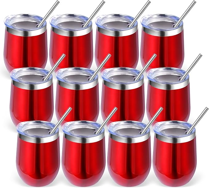 Volhoply 12oz Stainless Steel Wine Tumbler with Lid Bulk 12 Pack,Double Wall Vacuum Stemless Wine Glasses,Reusable Metal Travel Coffe Mug with Straw,Insulated Cup Gifts for Women,Christmas（Red,12 Set）