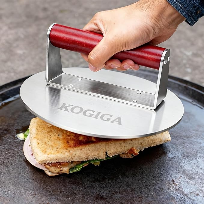 Smash Burger Press 2.5LB Heavy Duty - 8.5 Inch Stainless Steel Burger Smasher Tool with Wood Handle - Professional Grill Press & Steak Weight for Griddle, Perfect Smashburgers, Bacon, Panini