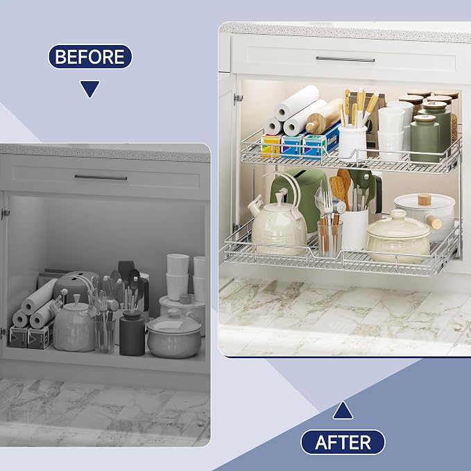 2-Tier Pull Out Cabinet Organizer, 27" W x 21.5" D, Heavy Duty Dual Slide Out Shelves for Wide Base Cabinets, Chrome Wire Basket Drawer for Pots, Pans, Pantry & Cleaning Supplies