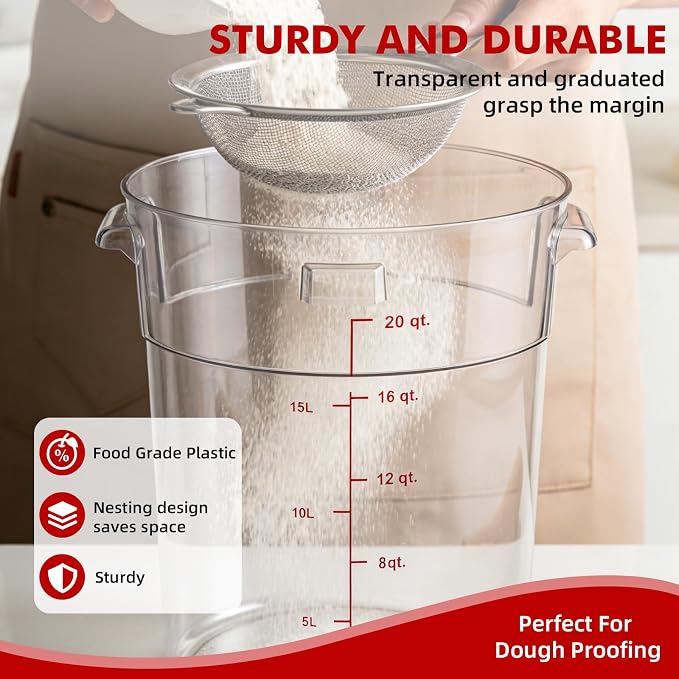 2 Pack Square Food Storage Container With Lid,12-22 Quart Commercial Storage Box With Scale & Handle,Cake Making,Dough Marinating Meat,Kitchen Supplies (Polycarbonate, Round 21 Quart)