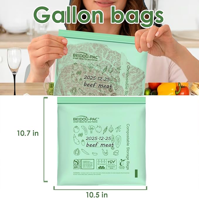BEIDOU-PAC Compostable Gallon Food Storage Freezer Bags, 50 Count | 2 Mil | 10.5" * 10.7", Freshness Easy Open Biodegradable, Eco-Friendly Reclosable Compost Zippper Bags