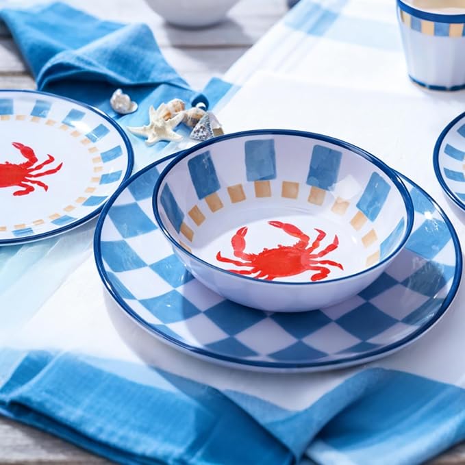 Webbylee Gingham Crab Pattern Melamine Dinnerware Sets 12 Pcs, Unbreakable Plates and Bowls Sets, Ocean Dinner Plates, Dishwasher Safe, Picnic, Camping,Gift,Blue Dish Set