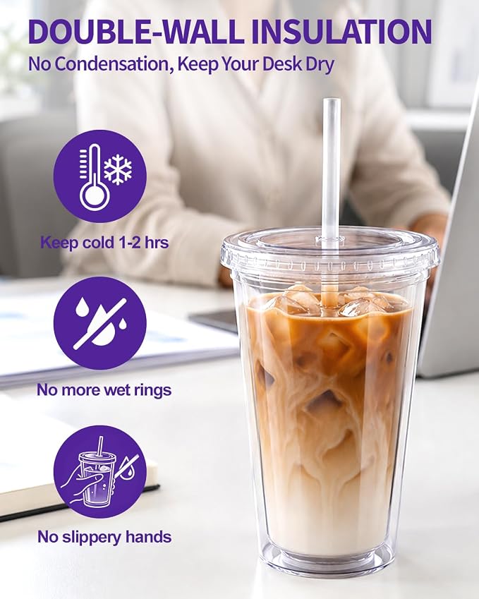 Zukro Clear Acrylic Tumbler with Straw and Lid 16 oz, Double Walled Insulated Reusable Plastic Iced Coffee Cup, To Go Cup Perfect for Office, Home, Parties, Fit in Cupholder, BPA Free, 2 Pack