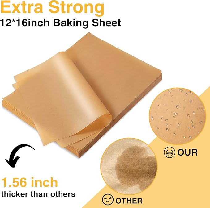 300 PCS Parchment Paper Sheets - OAMCEG 12x16 Inch No Chemical Non-Stick Unbleached Pre-Cut Parchment Paper with a Silicone Brush, for Baking Grilling Air Fryer Steaming Bread Cup Cake Cookie