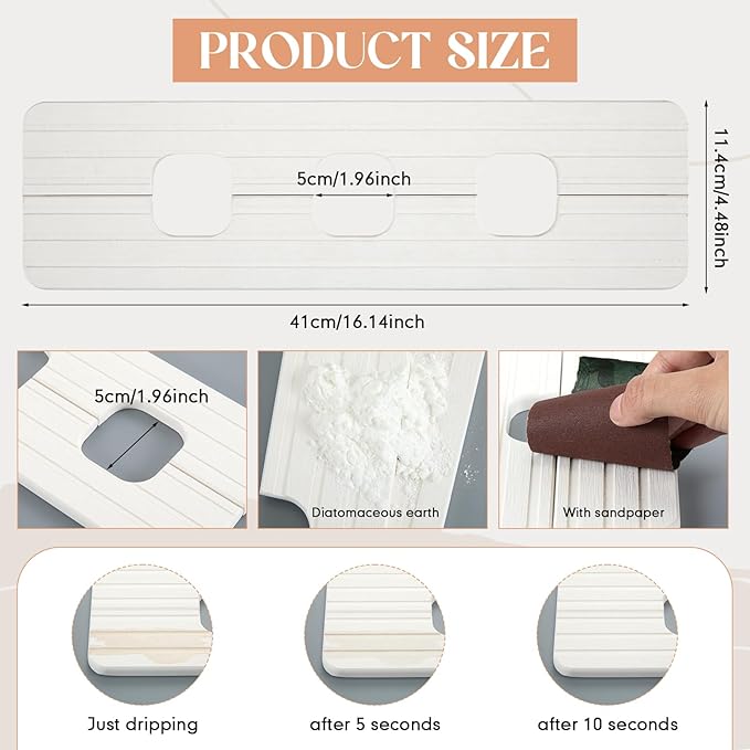 Teenyyou 3 Square Hole White Faucet Mat for Kitchen Sink Bathroom 16.14" x 4.49" Kitchen Faucet Absorbent Mat Diatomite Splash Guard Quick Drying Stone Drip Catcher Hole 1.97" Holes Spaced About 1.97"