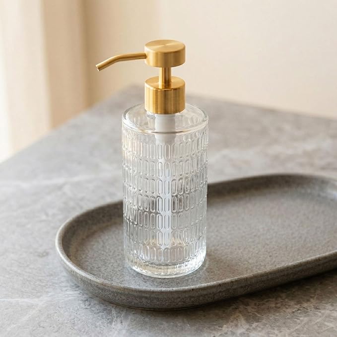 Elegant Fluted Glass Soap Dispenser with Stainless Steel Pump, 17oz Vintage Art Deco Style Clear Ribbed Glass Bottle for Bathroom, Dish Soap Dispenser for Kitchen (Gold Pump)
