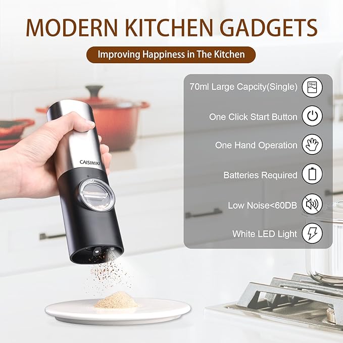 Electric Salt or Pepper Grinder Battery Operated, Automatic Salt and Pepper Mill Grinder Shakers with LED Light, Adjustable Coarseness, Include Brush and Spoon, Stainless Steel 1 PACK