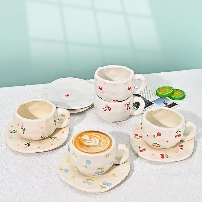 Koythin Ceramic Coffee Mug with Saucer Set, Creative Cute Cherry Cup Unique Irregular Design for Office and Home, 10 oz/300 ml for Latte Tea Milk