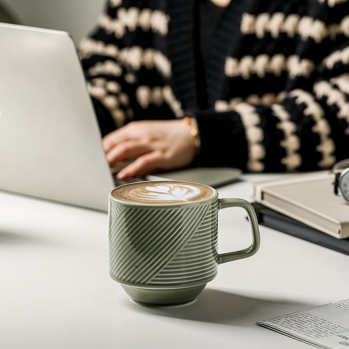 Stackable Coffee Mugs with Rack: 13 oz Stacking Ceramic Cups with Stand - Porcelain Stacked Tea Mug Set of 4 (Pea Green)
